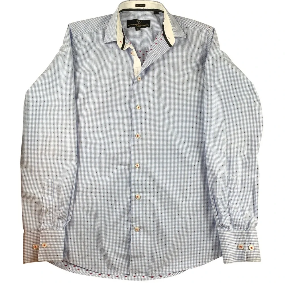 Versace 19V69 Mens Blue Gingham Red Dot Button Down Shirt‎ Modern Fit Small 14.5